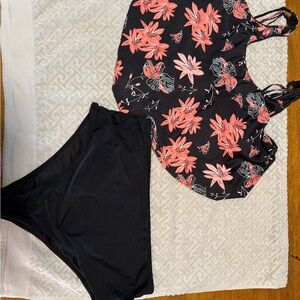 Floral Tankini Top and Black Bottoms